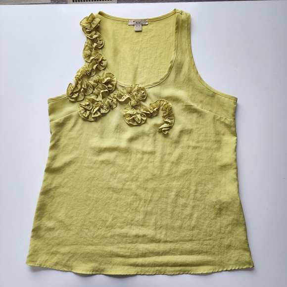 XXI Chartreuse Tank Top Womens Medium Ruffle Flower Yoke Sleeveless‎ Yellow Lime - Picture 5 of 16
